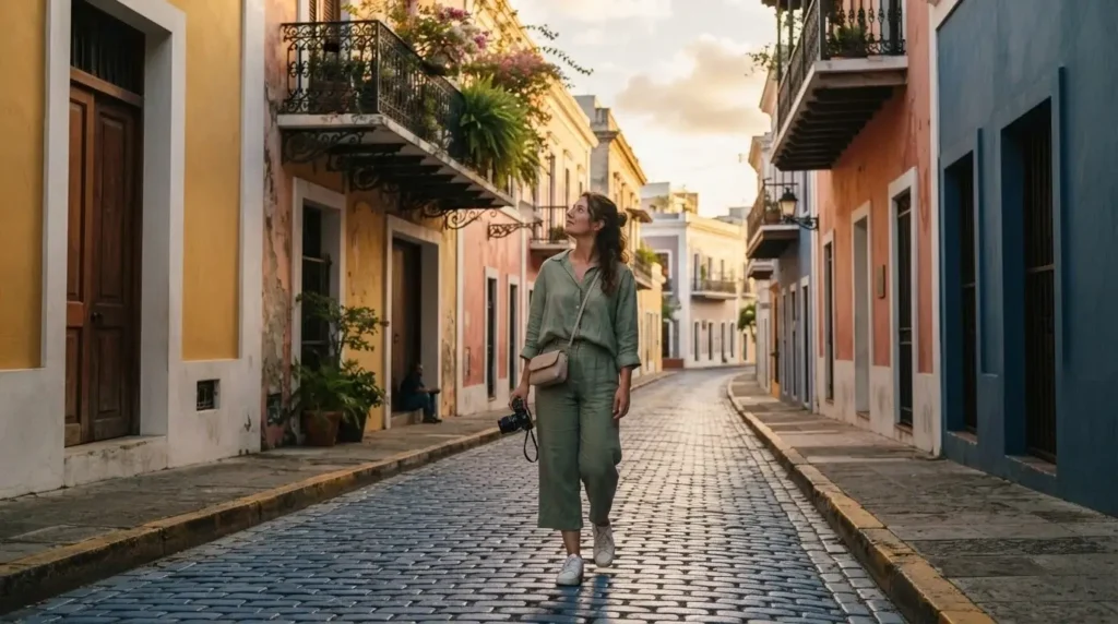Solo female traveler walking the blue cobblestone streets of Old San Juan Puerto Rico in the early evening with colorful colonial buildings on either side