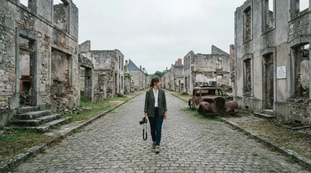 Solo female traveler walking quietly through the preserved ruined main street of Oradour-sur-Glane martyred village, Haute-Vienne, France, overcast light