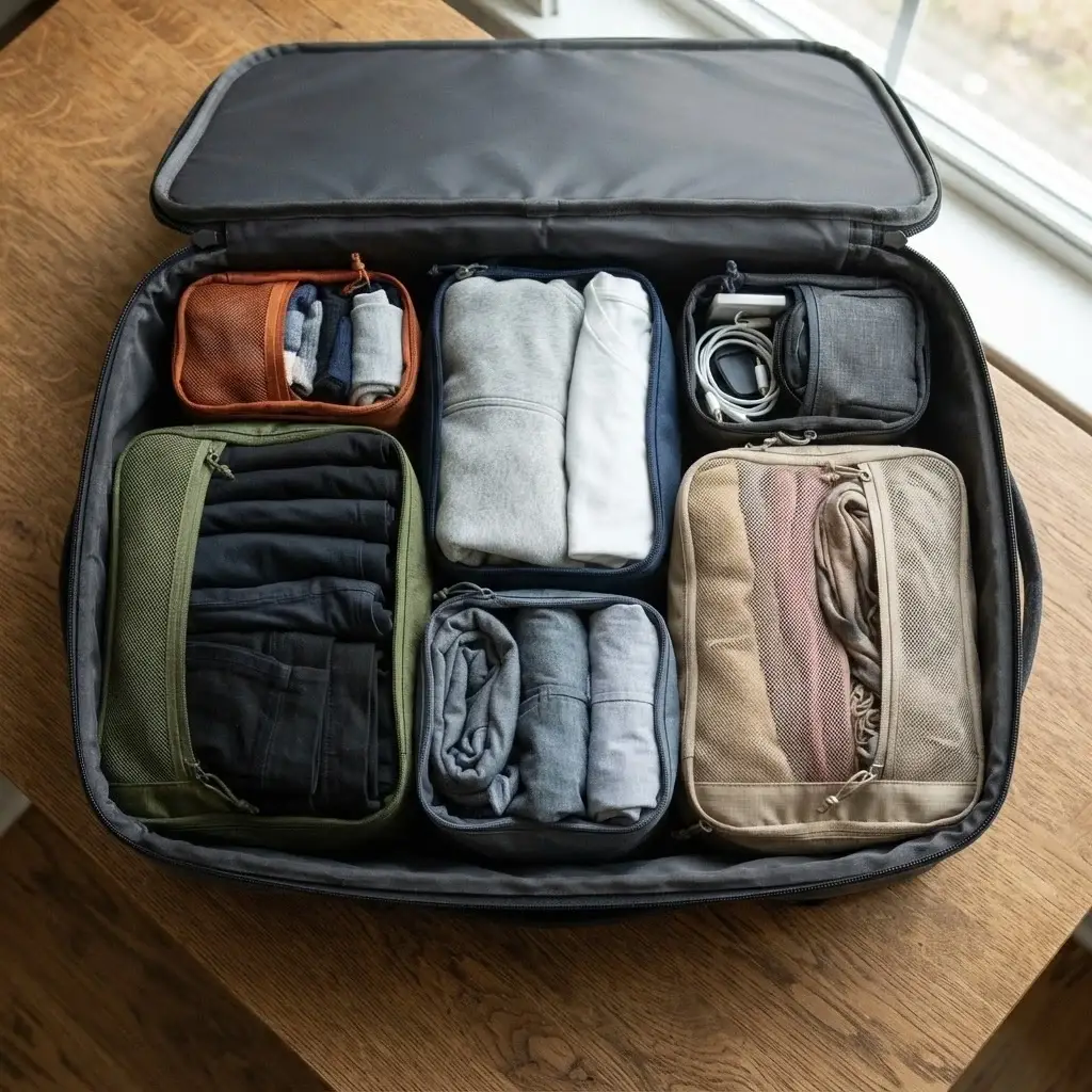 Close-up of a neatly packed travel backpack interior showing vibrant, organized fabric packing cubes filled with travel clothing.