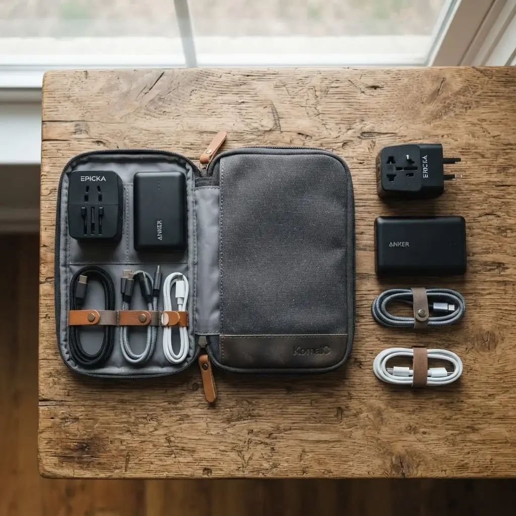 A flatlay composition on a wooden surface showing a well-organized tech travel pouch, including a universal adapter, power bank, and charging cables for solo travelers.