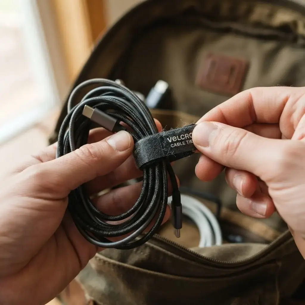 Close-up of hands using small velcro cable ties to organize charging cords for a minimalist travel backpack, focusing on the simple, effective system.