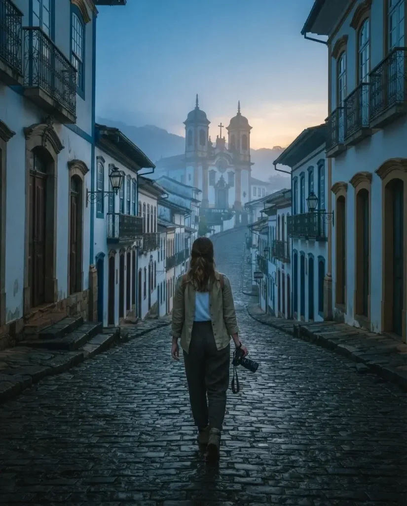 Solo female traveler walking alone on steep cobblestone street in Ouro Preto Brazil surrounded by white and pastel baroque colonial buildings at dawn