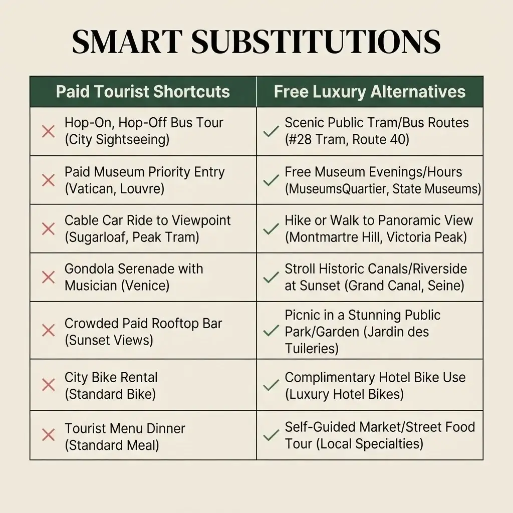 A clean 1:1 minimalist comparison table contrasting expensive paid tourist shortcuts with free luxury alternatives like public library halls and church domes.