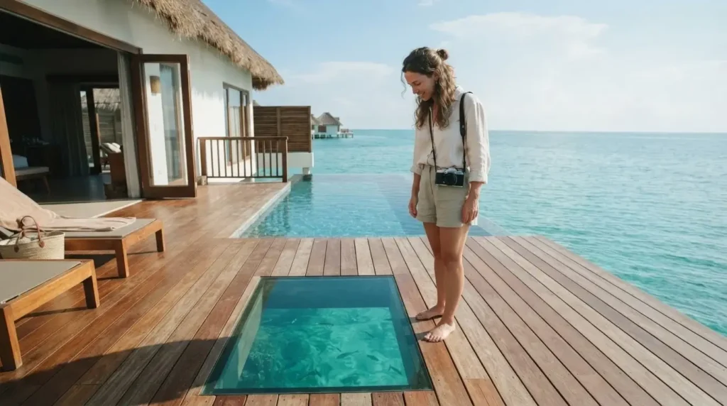 Solo female traveler standing on an overwater bungalow deck in Riviera Maya Mexico, looking down at glass floor panels over clear turquoise sea, midday light