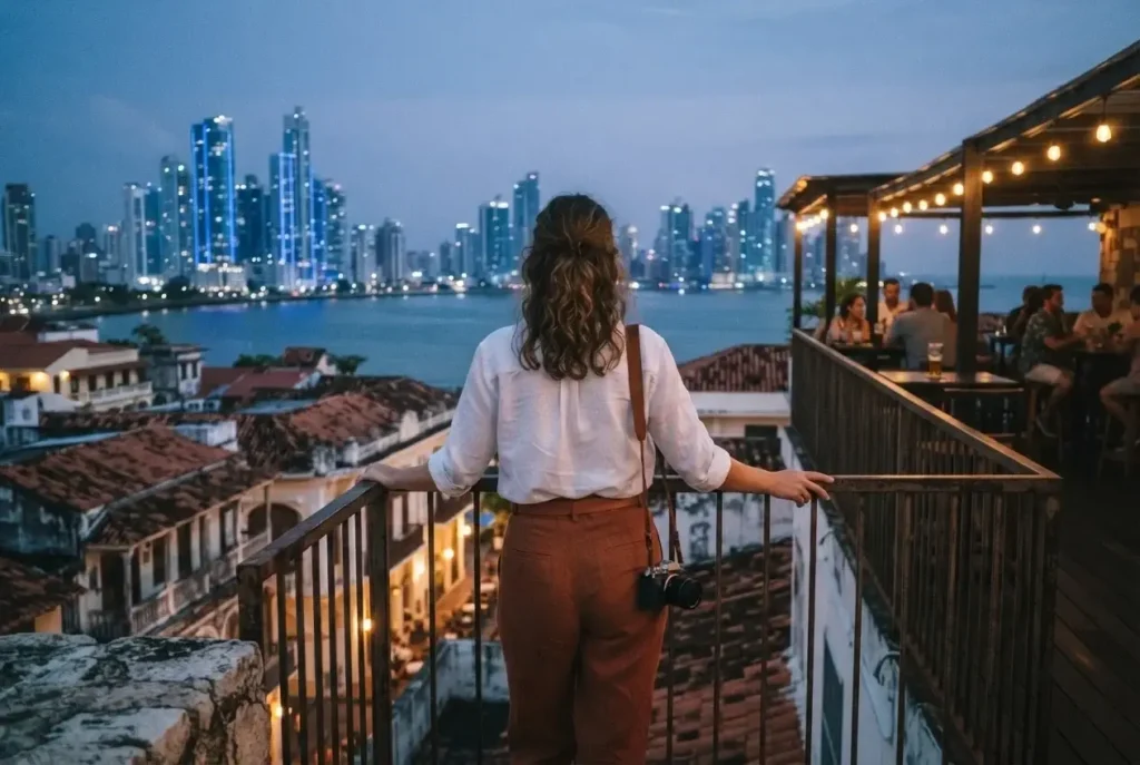 Solo female traveler looking out from a Casco Viejo rooftop bar in Panama City with the modern financial district skyline lit up across the bay at dusk