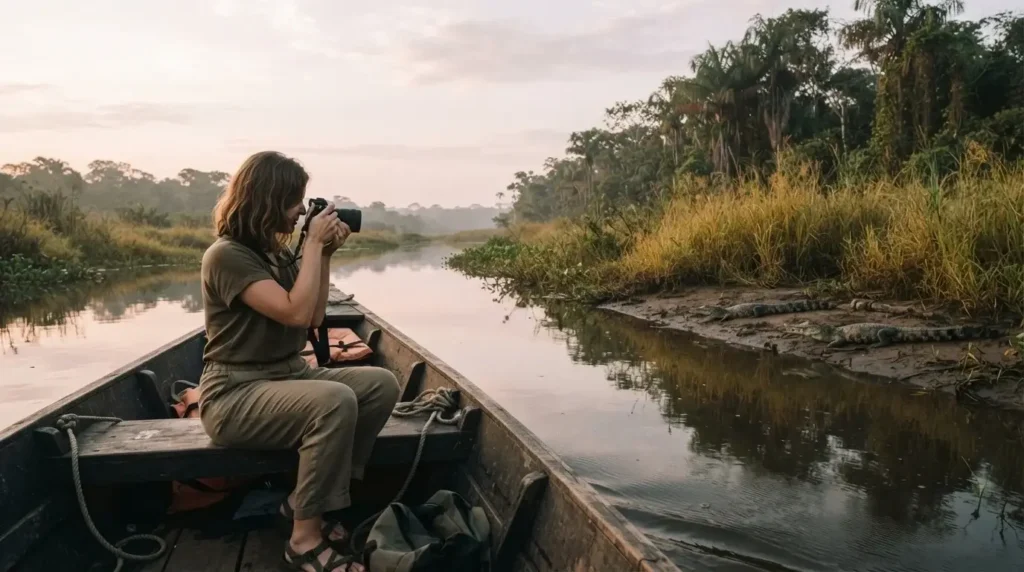 Female solo traveler on a wooden riverboat in the Pantanal wetlands Brazil at dawn, camera raised toward the riverbank where caimans and wildlife are visible