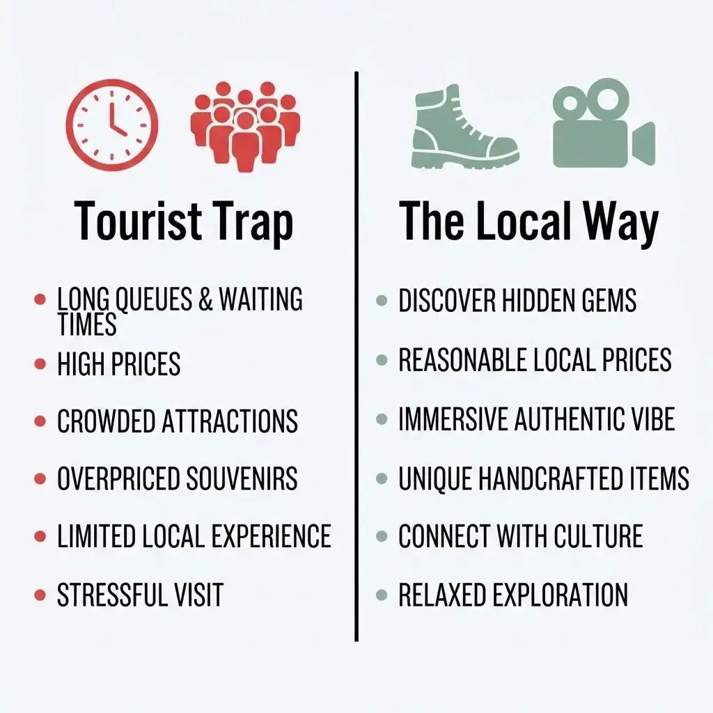 Comparison table contrasting the stress and cost of visiting the Eiffel Tower summit versus the peaceful, authentic experience of Rue Saint-Dominique.