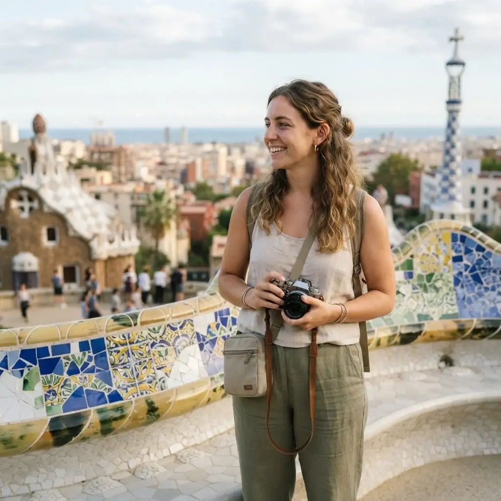 A candid eye-level view of a female traveler next to the winding mosaic tile benches at Park Guell overlooking the skyline of Barcelona and the sea.