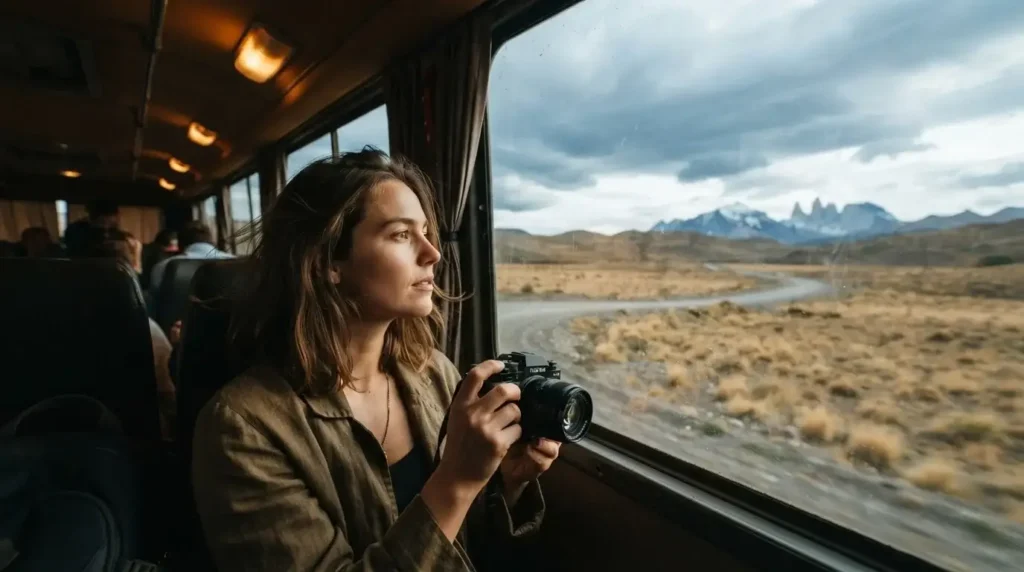 Solo female traveler looking out a bus window at the Patagonian steppe landscape between Puerto Natales Chile and El Calafate Argentina with Torres del Paine granite peaks in the distance