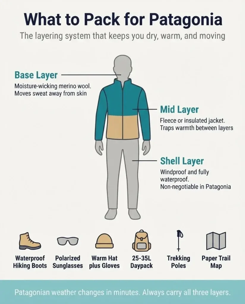 Flat vector packing list infographic for Patagonia travel showing layering system gear checklist and essential items for hiking in wind and rain