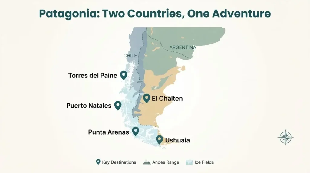Minimalist illustrated map of Patagonia showing key destinations across Argentina and Chile including Torres del Paine El Calafate El Chalten and Ushuaia