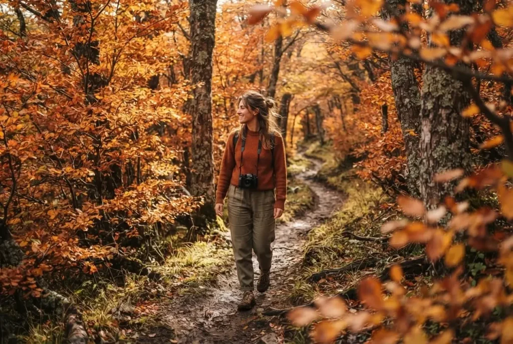 Solo female traveler walking through Patagonian lenga beech forest in autumn orange and red foliage near Torres del Paine Chile