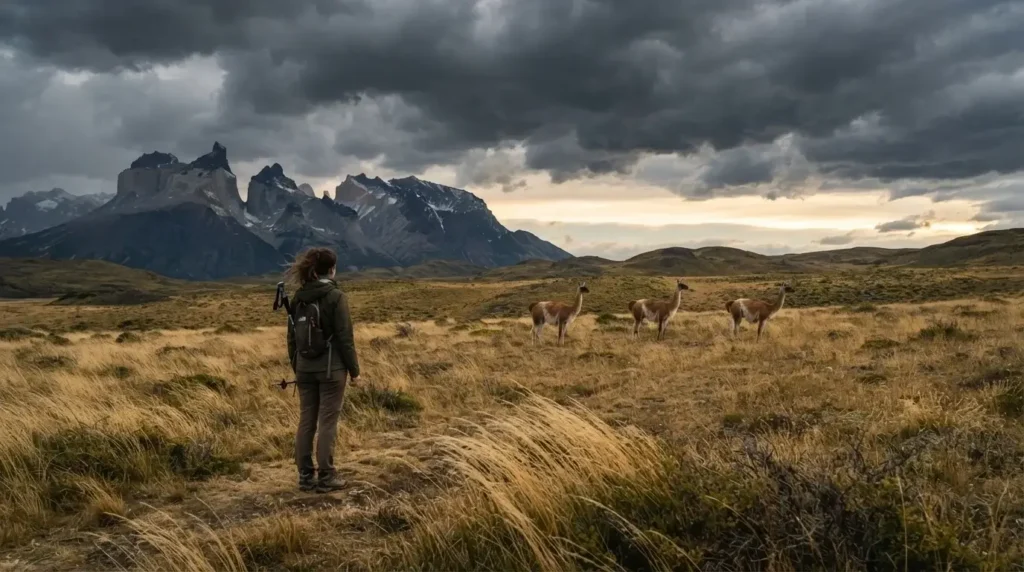 Solo female traveler standing on Patagonian steppe in Torres del Paine Chile looking across open grassland at a guanaco herd under dramatic grey and gold storm light
