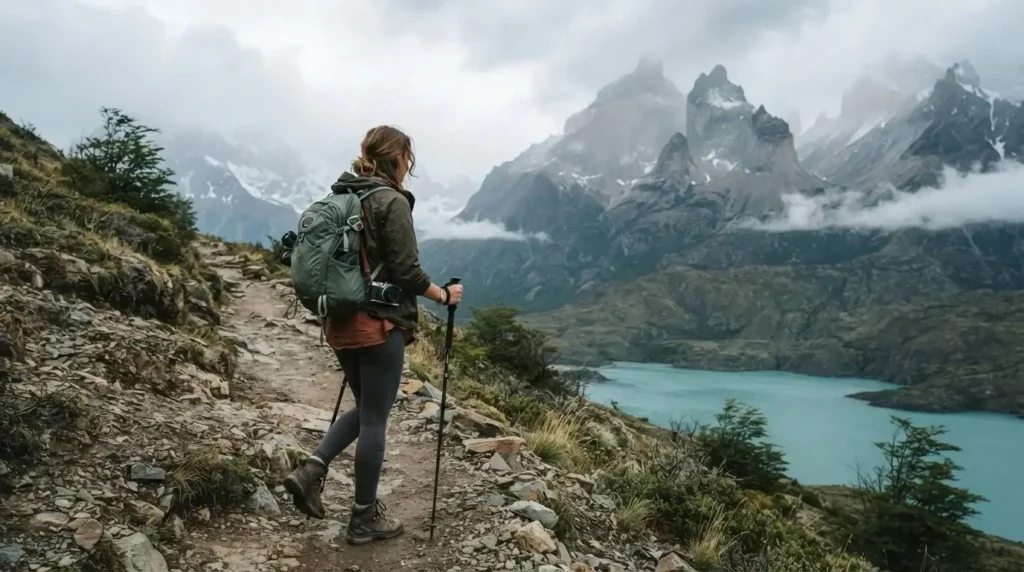 Solo female traveler hiking the W Trek trail in Torres del Paine National Park Chile with granite towers and turquoise lake in background misty morning
