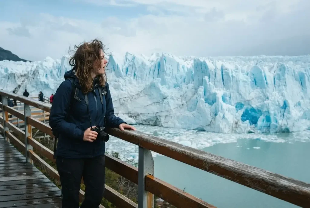Solo female traveler on the boardwalk viewing platform at Perito Moreno Glacier in Los Glaciares National Park Argentina facing the towering blue ice wall