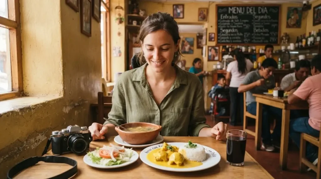Young female traveler eating a traditional Peruvian menu del dia set lunch at a small local restaurant in Cusco Peru