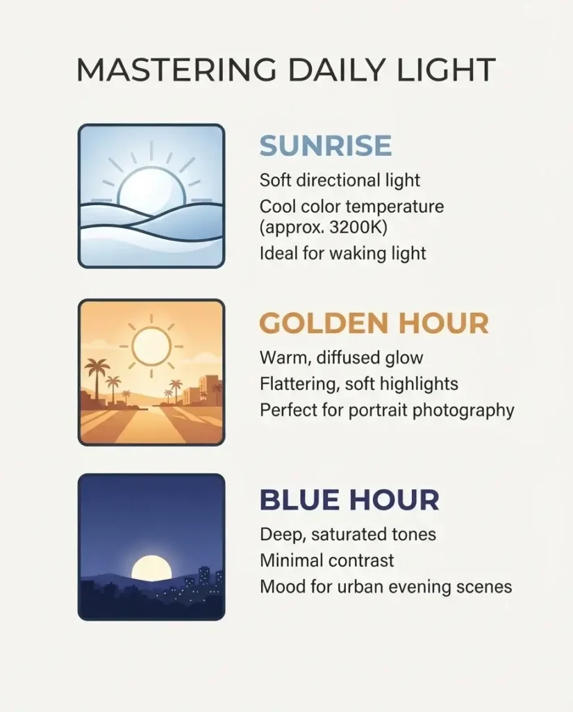 An infographic guide showing the optimal lighting conditions for travel photography during different times of the day, including sunrise, golden hour, and blue hour.