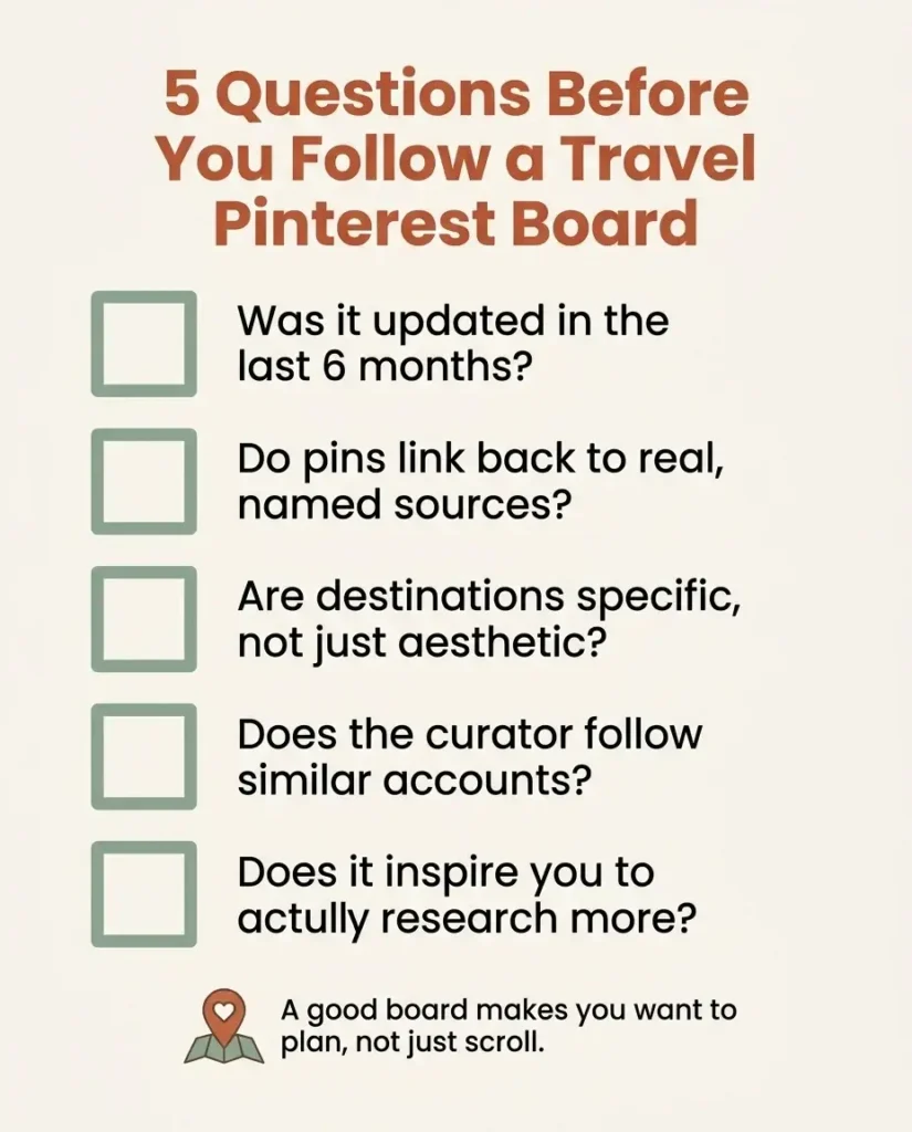 Flat vector checklist infographic titled Five Questions to Evaluate a Travel Pinterest Board before following, minimalist travel blog style