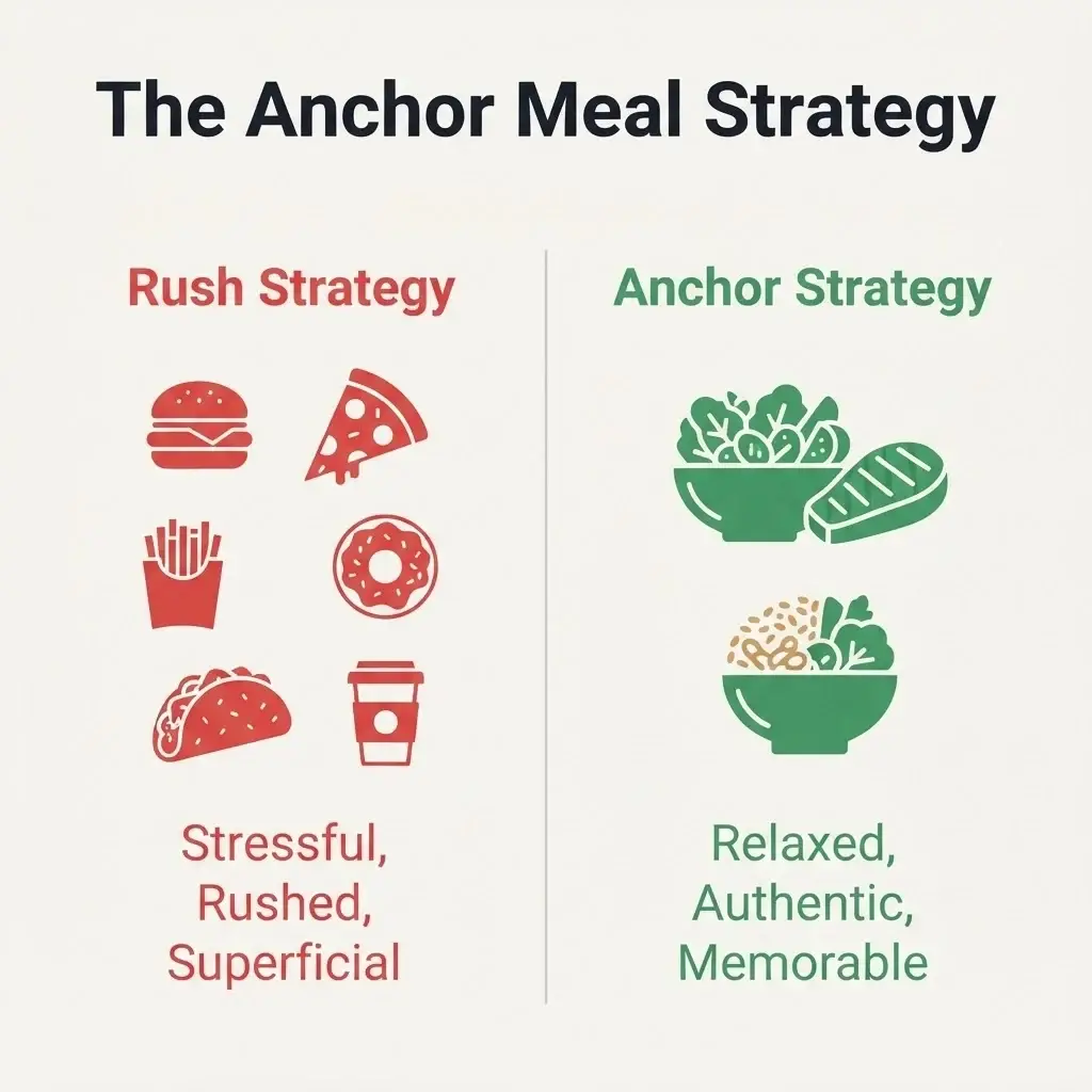 A comparative graphic showing a "Rush Strategy" of 6 meals a day versus an "Anchor Meal Strategy" of 2 pre-planned meals, highlighting less stress and better experiences.