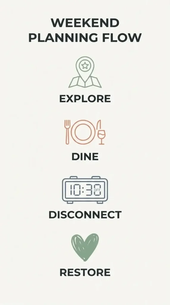 A clean checklist infographic titled Weekend Planning Steps showing four icons: a map pin for location, a plate for dining, a clock for disconnection, and a heart for relationship focus.