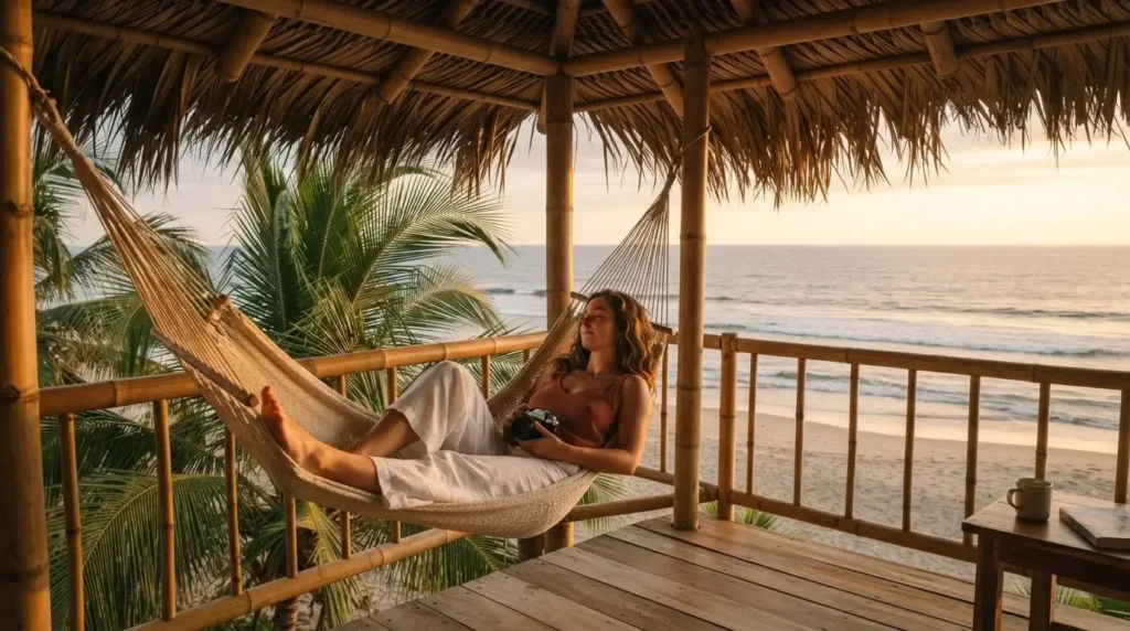 Solo female traveler relaxing in a bamboo treehouse at Playa Viva eco-lodge on the Pacific Coast of Mexico with ocean view at sunset