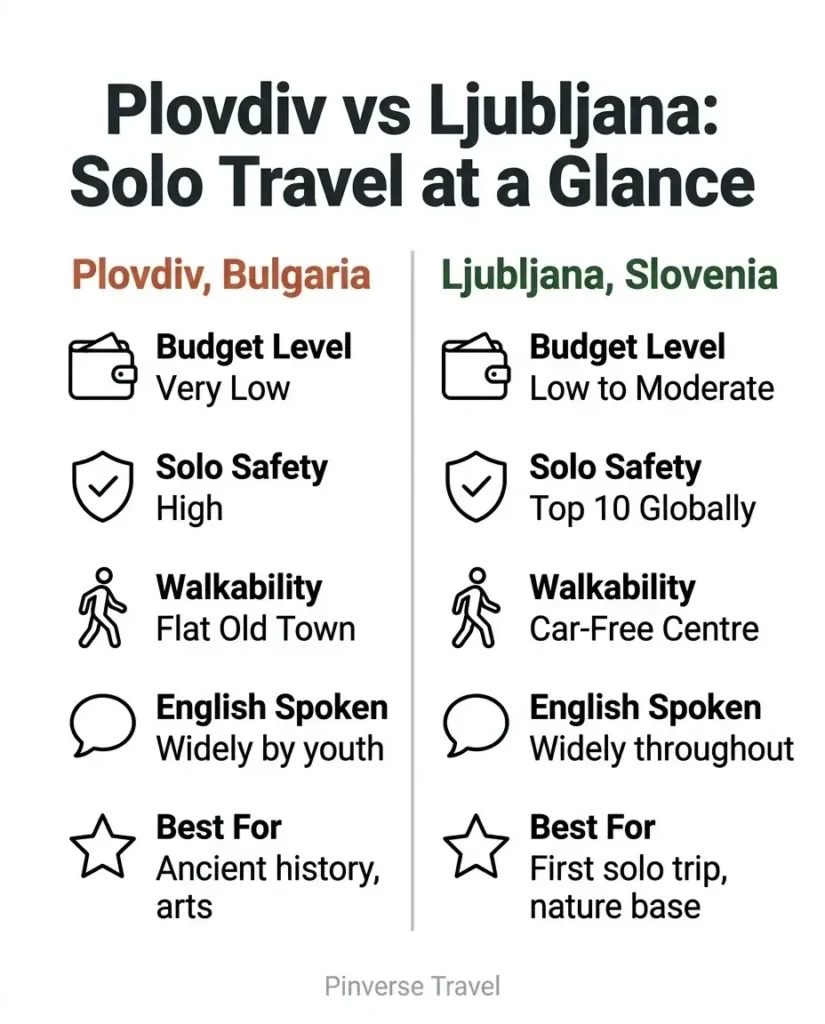 Flat infographic comparing Plovdiv Bulgaria and Ljubljana Slovenia as solo travel destinations, showing budget, safety, walkability, and best for categories