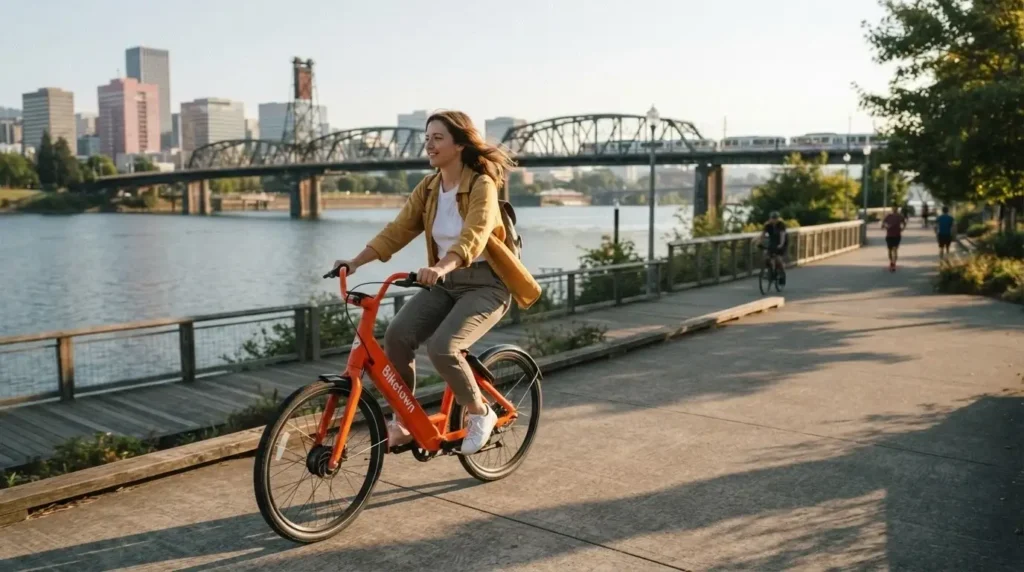 Female solo traveler cycling along the Eastbank Esplanade in Portland Oregon with the Willamette River and Steel Bridge framed in warm late afternoon sunlight
