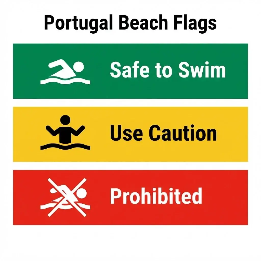 A clear, flat vector chart explaining the meaning of Portuguese beach safety flags: Green for safe, Yellow for caution, Red for prohibited.