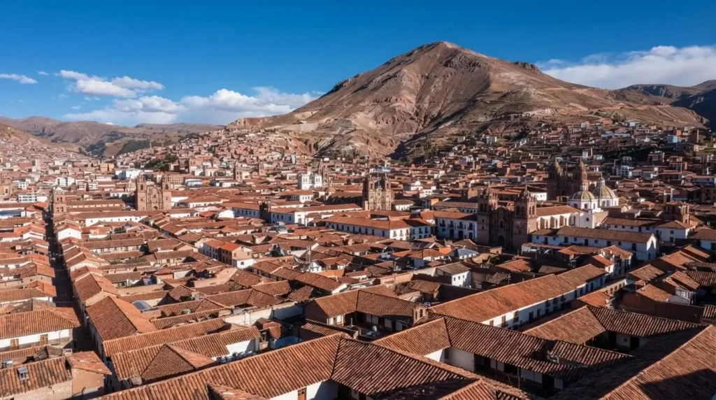 View over red-tiled colonial rooftops of Potosi Bolivia with Cerro Rico mountain looming in the background under a clear blue Andean sky