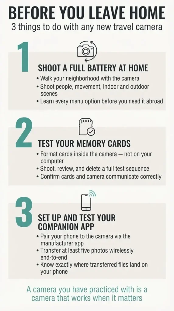 Minimalist flat vector three-step pre-trip camera preparation checklist infographic covering test shooting at home, formatting memory cards in camera, and pairing the companion app before departure