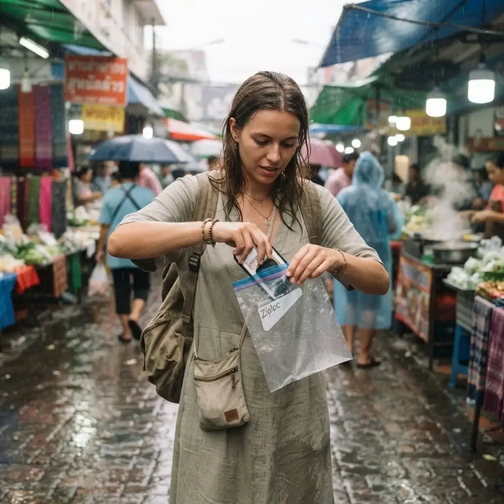 A solo traveler in casual linen clothing protecting her smartphone inside a clear waterproof bag during a light tropical rain shower in a Southeast Asian market.