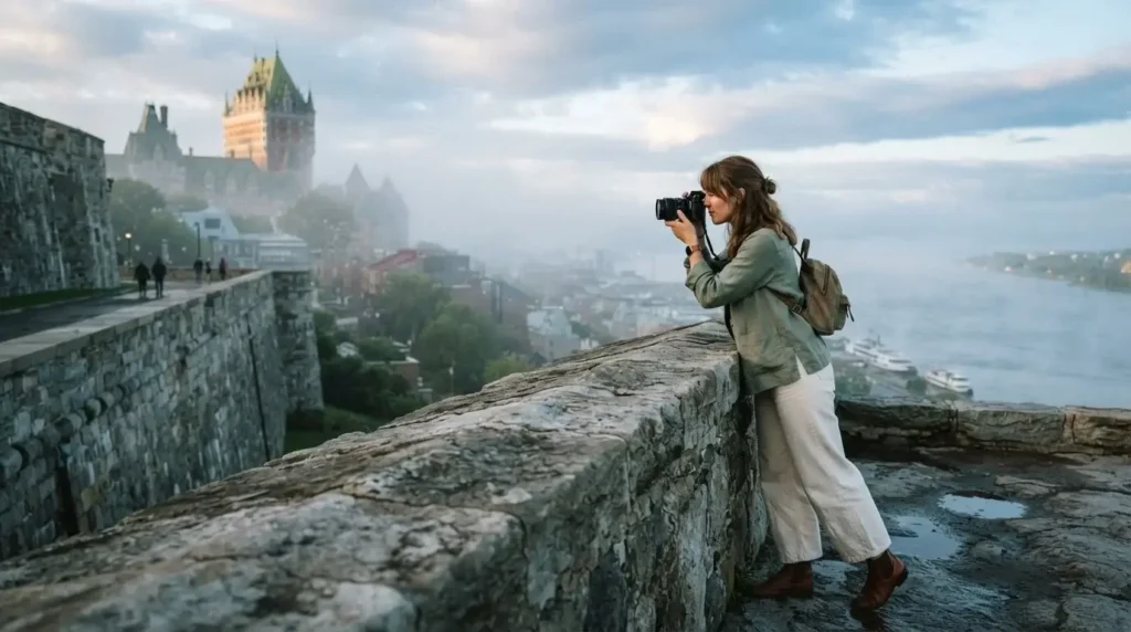 Solo female traveler standing on the ancient stone ramparts of Vieux-Quebec Old Town looking out over the St. Lawrence River at misty golden morning light