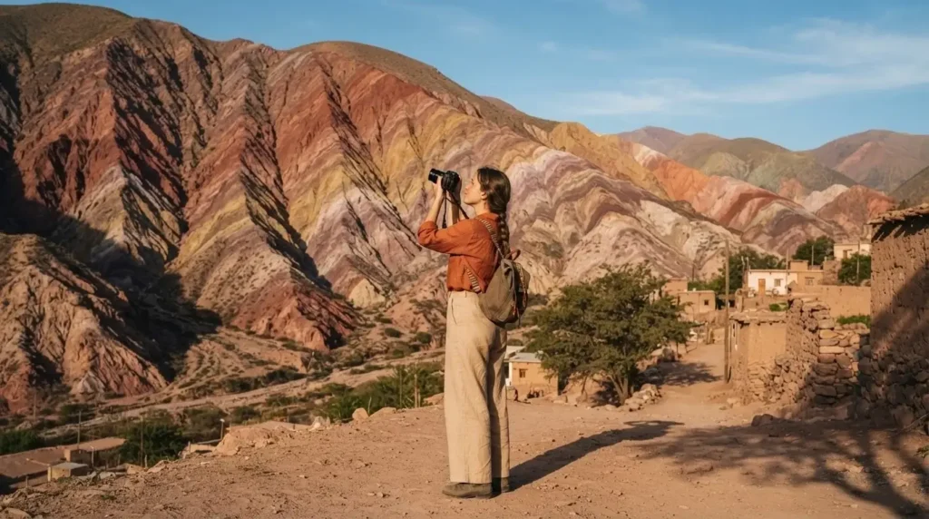 Solo female traveler photographing the layered rust-red and gold walls of Cerro de los Siete Colores in Quebrada de Humahuaca, Jujuy province, Argentina, warm afternoon sun