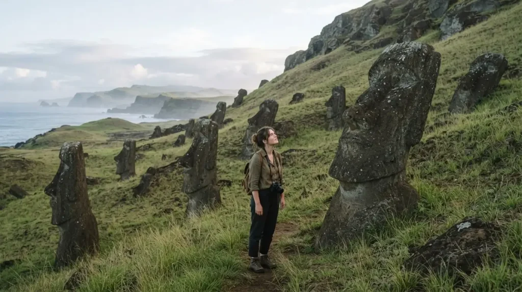 Solo female traveler with a mirrorless camera standing among the moai statues at Rano Raraku quarry on Easter Island Rapa Nui Chile at soft morning light