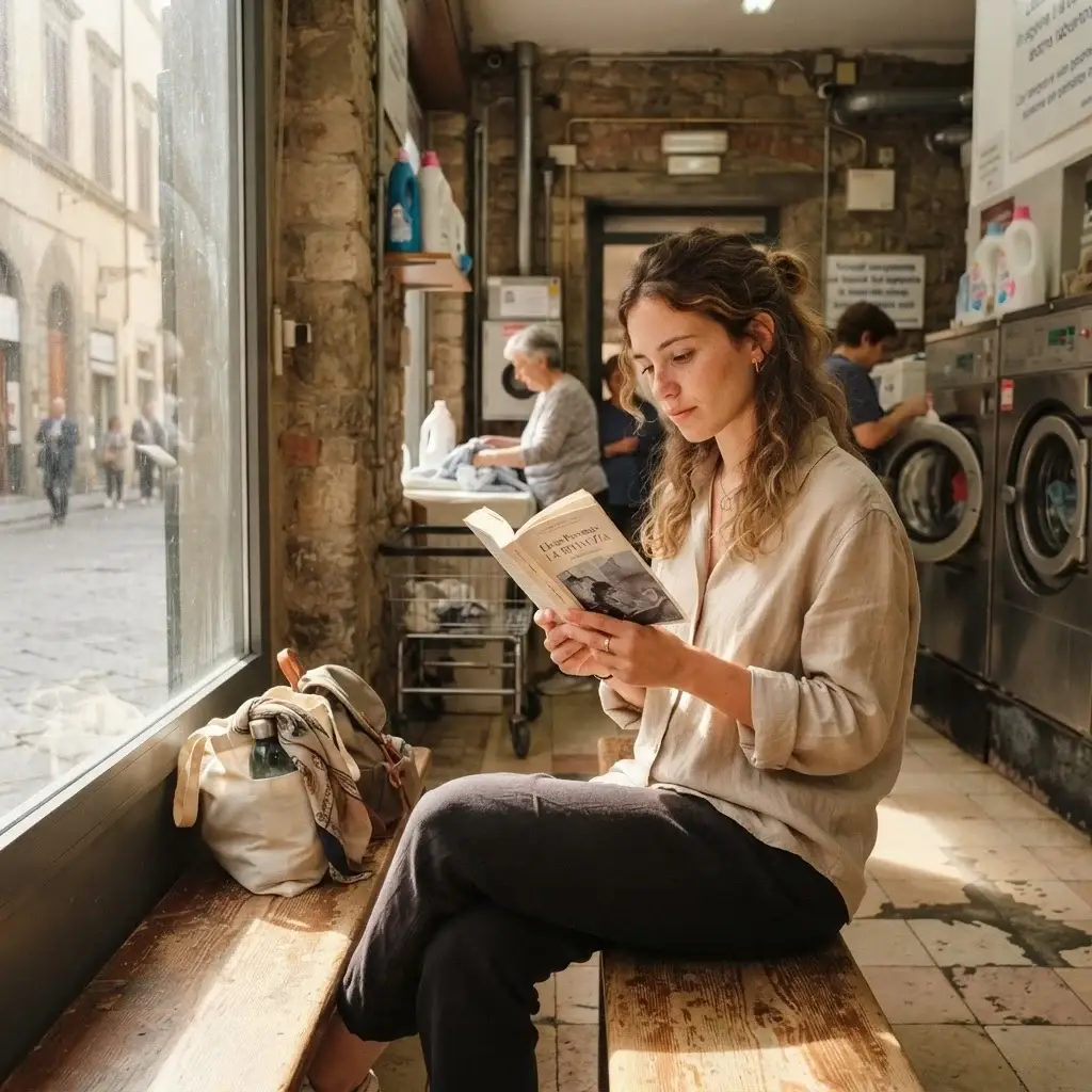 A young traveler with brown hair wearing casual linen clothes, sitting in a sunny, colorful local laundromat in a European city, reading a book.