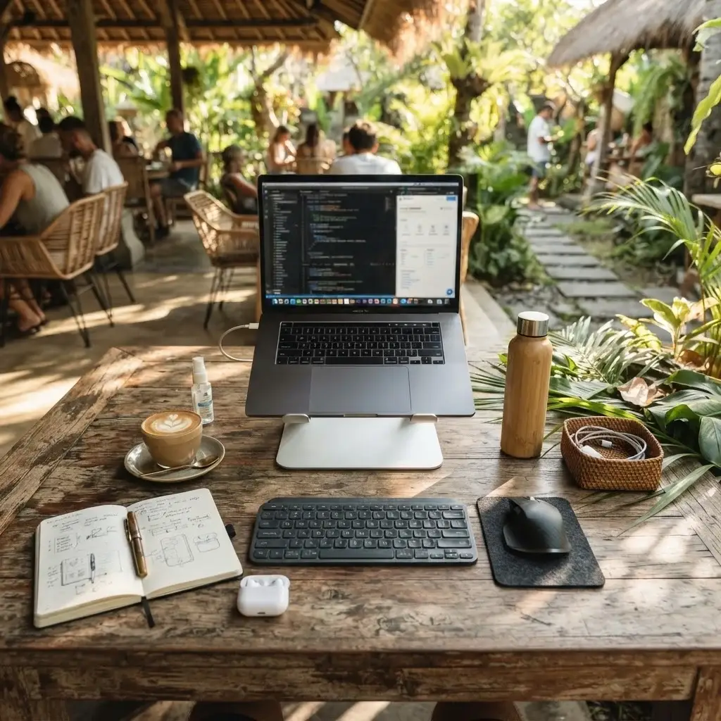 Close-up of a digital nomad's ergonomic laptop setup on a wooden table in an open-air tropical cafe, featuring a laptop stand and wireless keyboard.