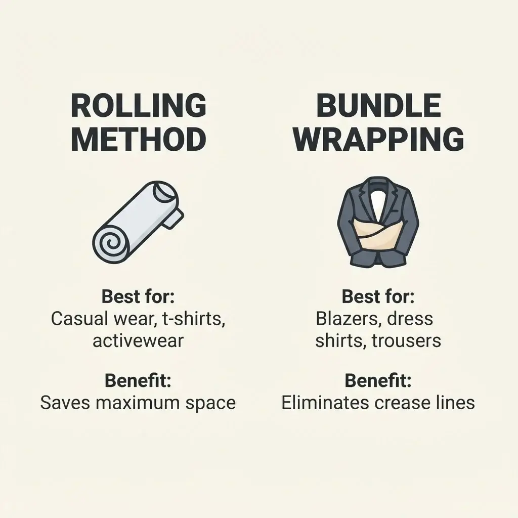 A minimalist vector infographic comparison chart detailing the differences, optimal use cases, and steps for the Rolling Method versus the Bundle Wrapping Method of packing travel clothes.