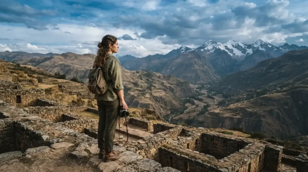 Solo female traveler standing outside an Inca ruin stop on the Route of the Sun between Cusco and Puno Peru with snow-capped Andean peaks behind her