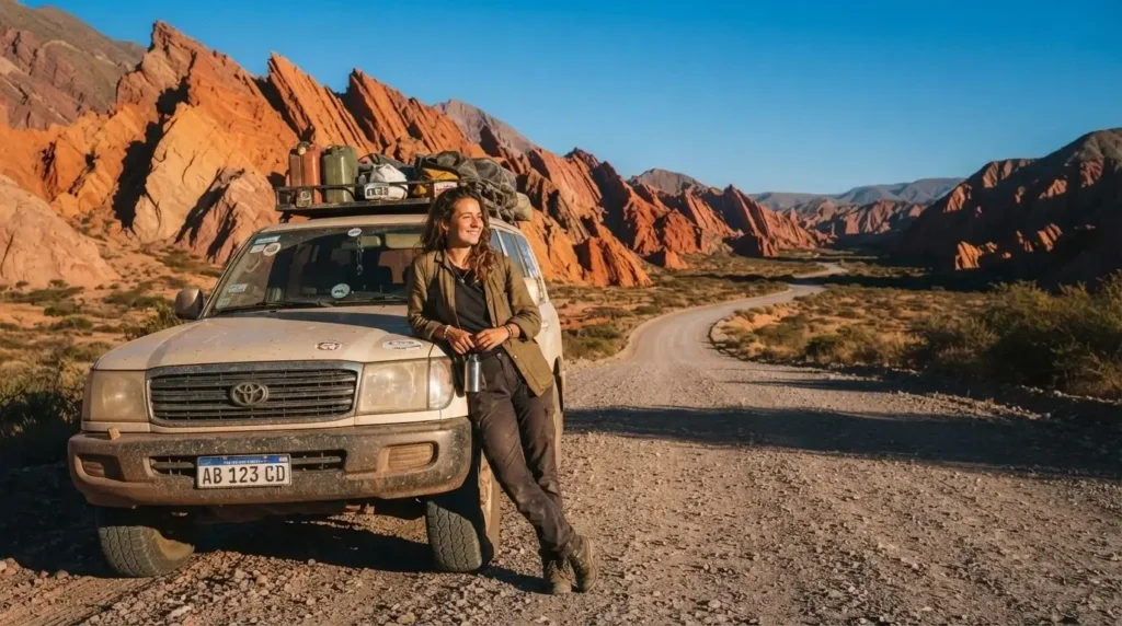 Female solo traveler leaning against a car bonnet on Ruta 40 Argentina, red rock quebrada formations stretching behind her under a wide blue sky