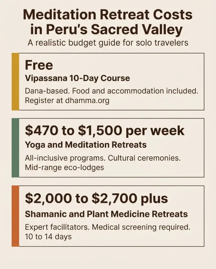 Infographic showing three budget tiers for meditation retreats in Peru's Sacred Valley, from free Vipassana to mid-range to premium shamanic retreat costs