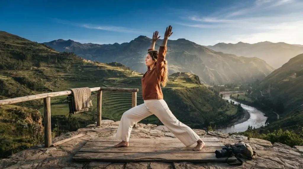 Female traveler in morning yoga pose on an outdoor deck in the Sacred Valley Peru with Andean mountain ruins visible at sunrise