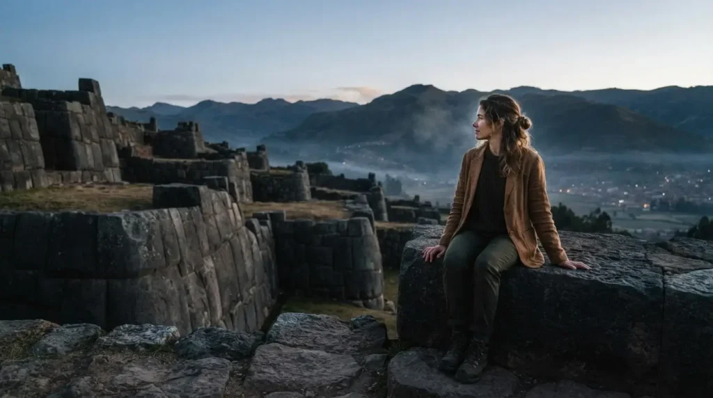 Solo female traveler sitting beside massive Inca limestone blocks at Sacsayhuaman fortress at sunrise, Cusco Peru