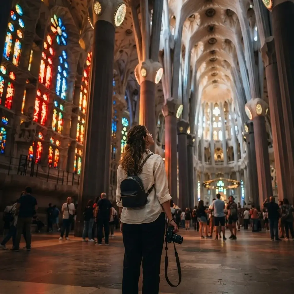 A female solo traveler standing inside the Sagrada Familia in Barcelona as colorful light from the stained-glass windows illuminates the towering columns.