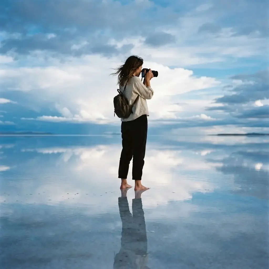 Solo female traveler standing on the Salar de Uyuni salt flat in Bolivia with a perfect sky reflection on the wet salt surface during wet season