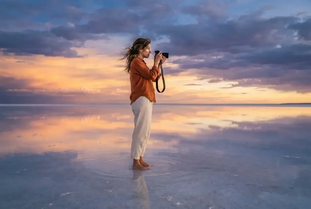 Solo female traveler standing on flooded Salar de Uyuni salt flat mirror reflection, Bolivia, at sunset