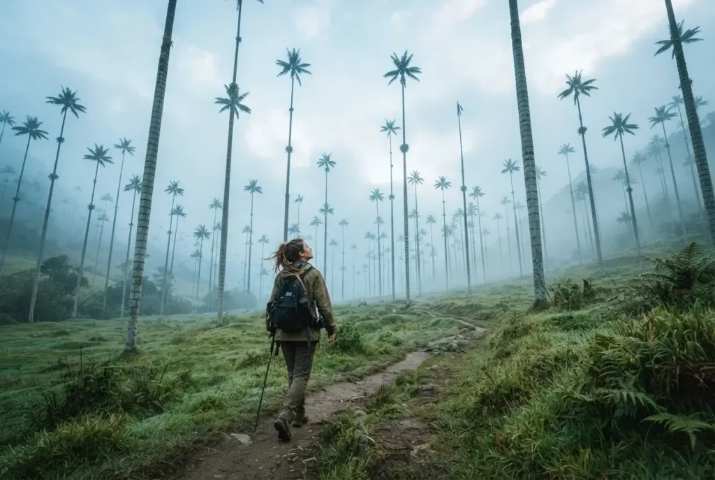 Solo female traveler hiking through the Cocora Valley near Salento Colombia surrounded by towering wax palm trees in morning mist