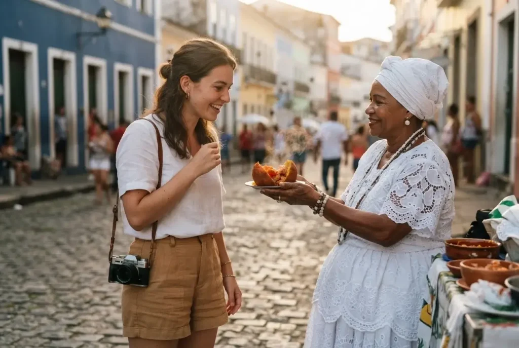 Solo female traveler receiving acaraje fritter from a Baiana de Acaraje vendor in white dress on the streets of Salvador Bahia Brazil