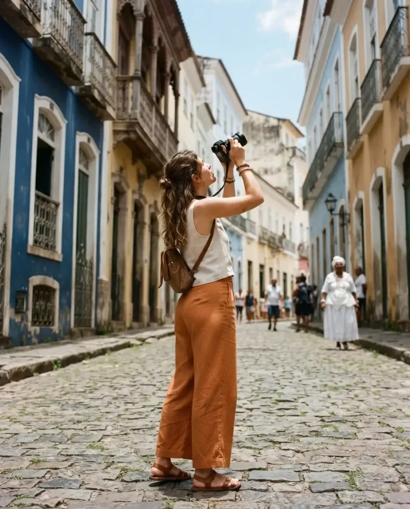 Solo female traveler photographing the vibrant colonial architecture and cobblestone streets of the Pelourinho neighborhood in Salvador Bahia Brazil