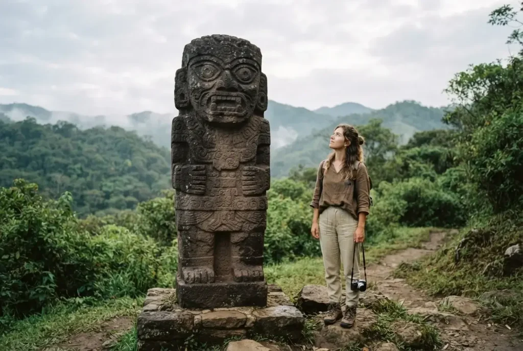 Female solo traveler standing beside tall pre-Columbian megalithic stone statues at San Agustin Archaeological Park Colombia green misty hills