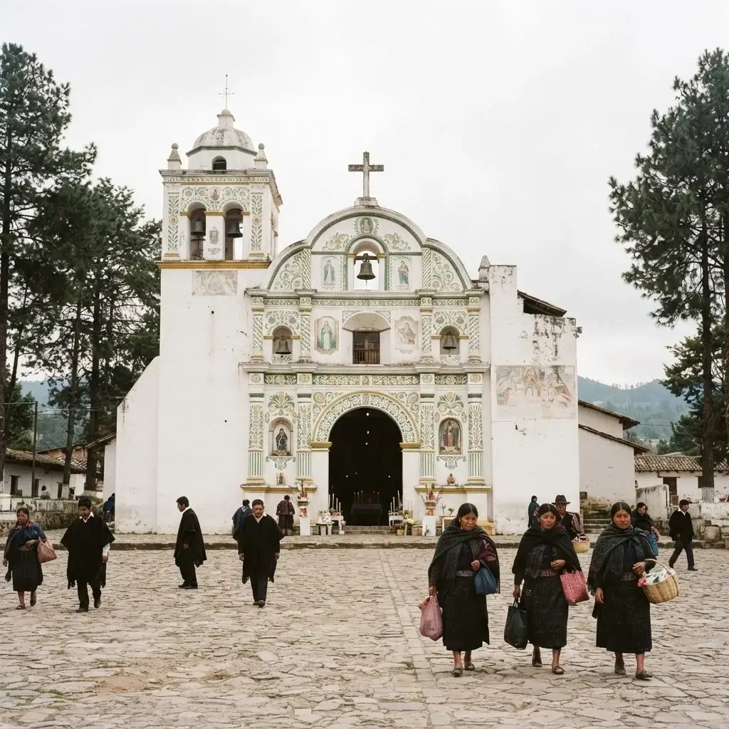Exterior of the whitewashed San Juan Chamula church with bright painted facade in Chiapas Mexico, a traditional Tzotzil Maya community